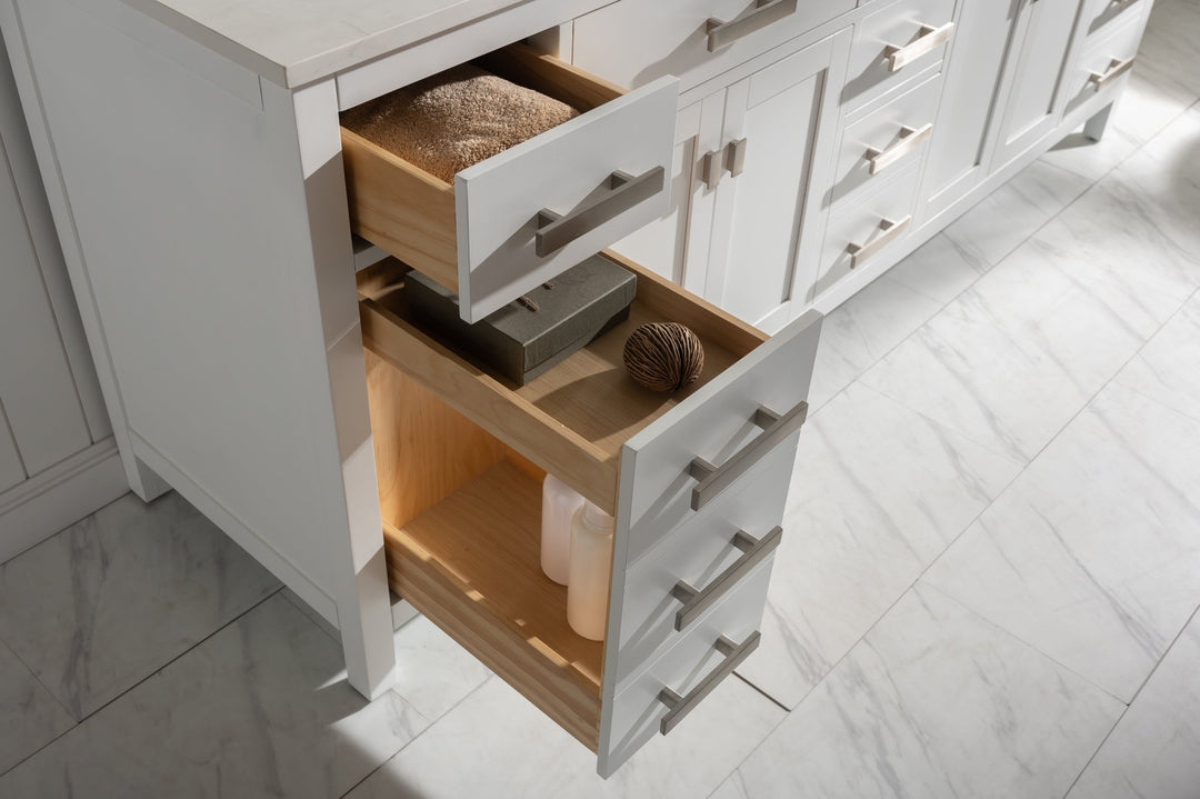 Valentino 84" Double Sink Vanity with White Quartz Top - Design Element Bath Kitchen - Bathroom Vanity - Navy with Satin Gold Hardware