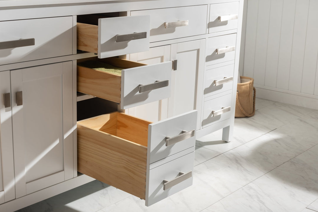 Valentino 84" Double Sink Vanity with White Quartz Top - Design Element Bath Kitchen - Bathroom Vanity - Navy with Satin Gold Hardware