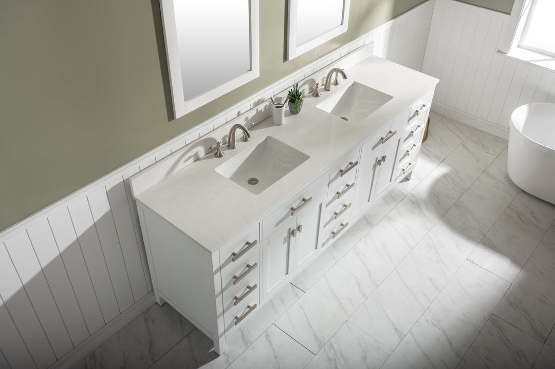 Valentino 84" Double Sink Vanity with White Quartz Top - Design Element Bath Kitchen - Bathroom Vanity - Navy with Satin Gold Hardware