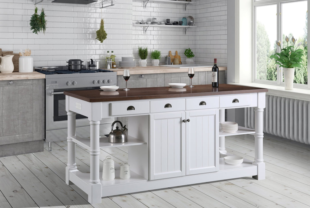 Monterey 80" Kitchen Island in White Cabinet Finish and Wood Countertop - Design Element Bath Kitchen - Kitchen Island -