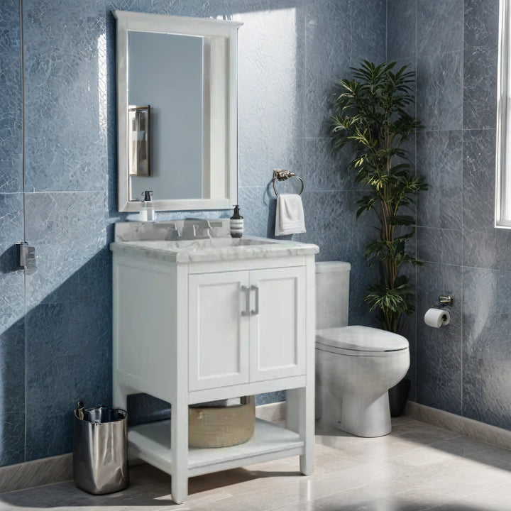 Affinity 25 in. W x 22 in. D x 36 in. H Single Sink Freestanding Bath Vanity in White with Carrara Marble Top