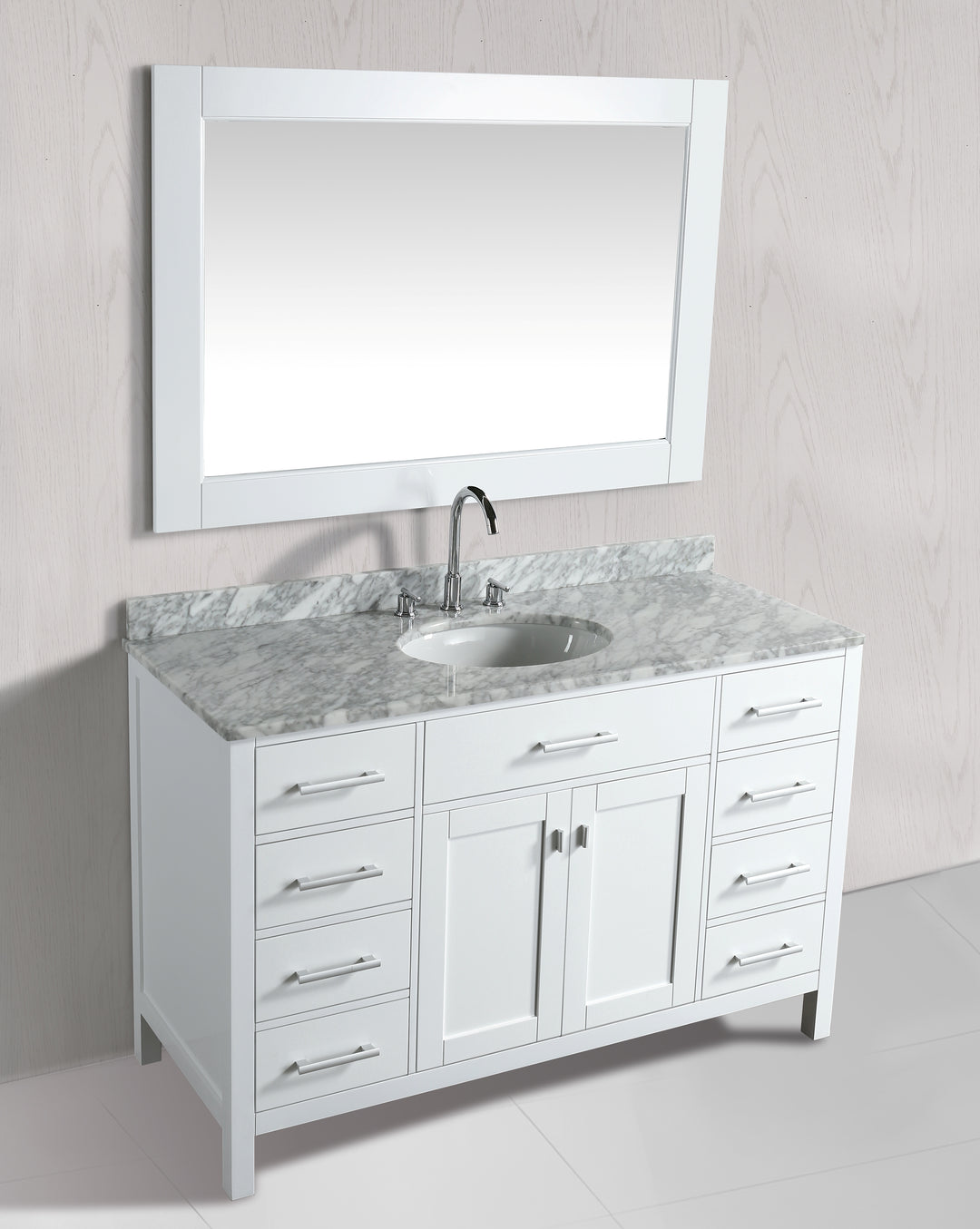 London 54" Single Sink Vanity in White with Marble Vanity Top with Matching Mirror