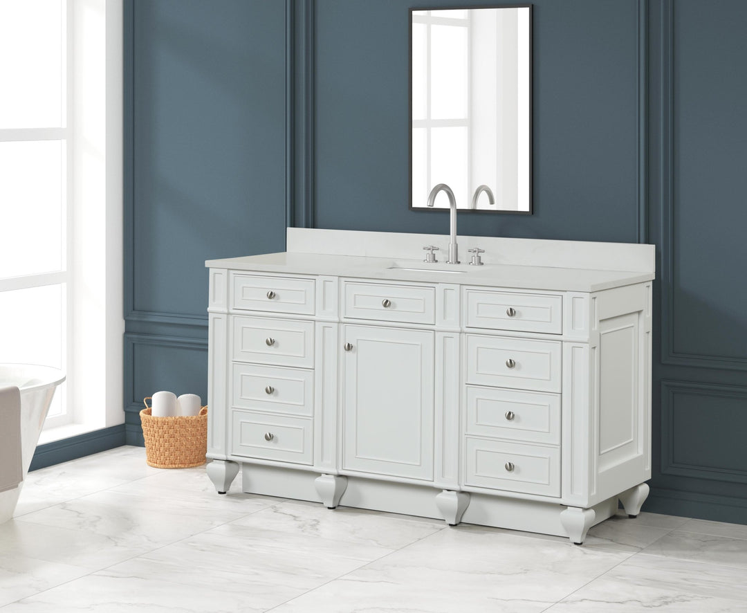 Winston 60" Single Sink Vanity with White Quartz Top - Design Element Bath Kitchen - Bathroom Vanity - Warm White